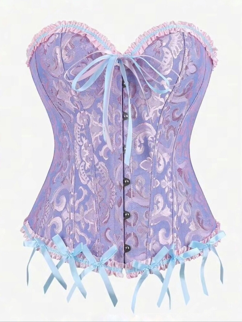 Women's pastel Lace Up Overbust Corset Top pink and blue damask jacquard medium